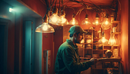 Electrician worker installing electric lamps light
