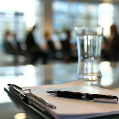 Clear Glass of Water on a Corporate Meeting Table