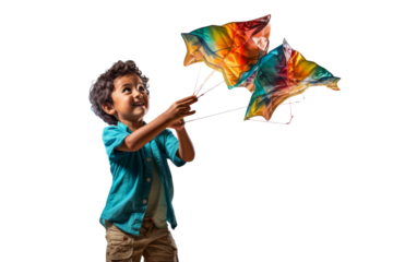 A young boy joyfully flies a colorful kite against a stark white backdrop