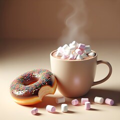 Fresh bite out of chocolate frosted donut with sprinkles and a steaming cup of hot cocoa with pink and white marshmallows