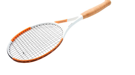Close-up of a tennis racket, showcasing its intricate design against a pristine white background