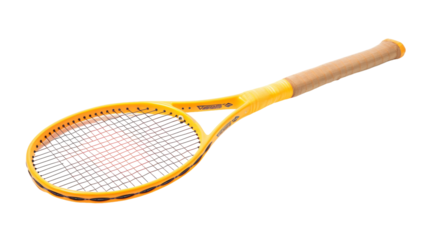 A detailed close-up of a tennis racket against a plain white background