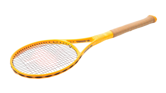 A detailed close-up of a tennis racket against a plain white background