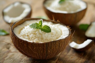 Coconut pudding and jasmine rice in coconut shell focus