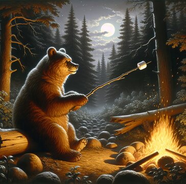 A brown bear is by a campfire in a forest clearing at nighttime, toasting a marshmallow on a stick