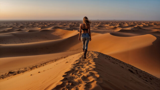 Bellissima cammina sulle dune di un deserto al tramonto durante una vacanza

