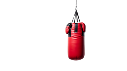 A vibrant red boxing bag swings on a sturdy chain, ready for a powerful workout session