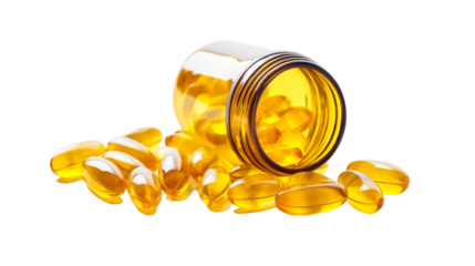 Fish oil capsules spill out of a jar onto a surface