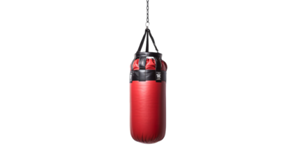 A red punching bag swings gracefully from a chain