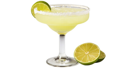 A margarita cocktail glass with a lime slice perched on the rim