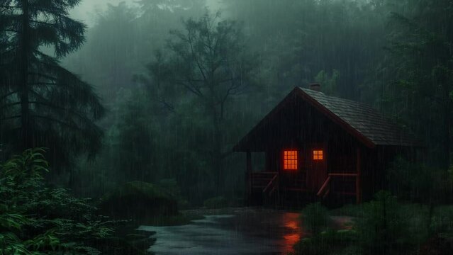 rainy cabin in the woods