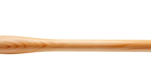 A wooden baseball bat stands upright on a white background
