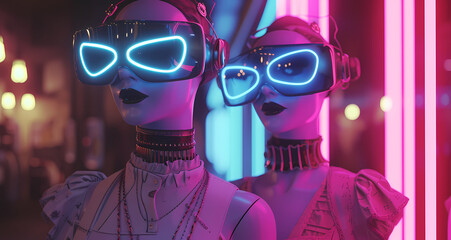 Image depicts two humanoid robots with blank screen faces in a neon-lit, futuristic setting...