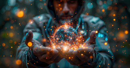 Person presents a glowing orb encompassed by floating digital connections and nodes, suggesting global connectivity or data