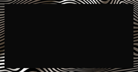 wavy lines textured blank background. Realistic nagtive space set of transparent plate with zebra pattern border. Black card on the pedestal on dark background ui ux illustration