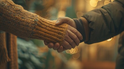Close-up shot capturing the tenderness of a mother and son's handshake as they celebrate Mother's Day. - obrazy, fototapety, plakaty