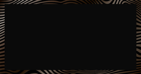 Golden wavy lines textured blank background. Realistic nagtive space set of transparent plate with zebra pattern border. Black card on the pedestal on dark background ui ux illustration