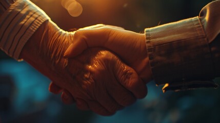 Touching moment captured in a close-up: An old mother and her son share a loving handshake to mark Mother's Day.