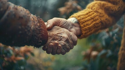 Touching moment captured in a close-up: An old mother and her son share a loving handshake to mark Mother's Day. - obrazy, fototapety, plakaty
