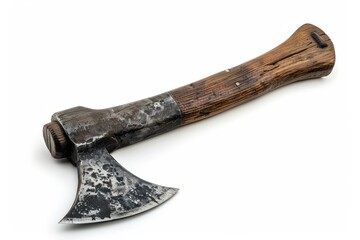 Ancient axe with wooden handle on white background with clipping path