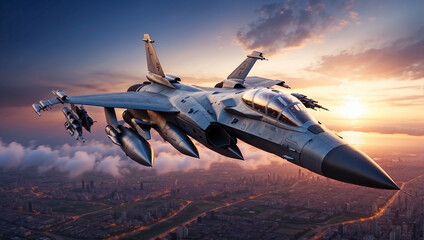 flying over the cities at sunset jet fighter f16 - obrazy, fototapety, plakaty