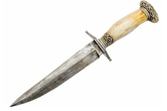 Ancient stone dagger with bone handle isolated historically