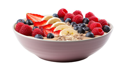 A bowl of oatmeal topped with fresh berries and sliced bananas sits on a wooden table - Powered by Adobe