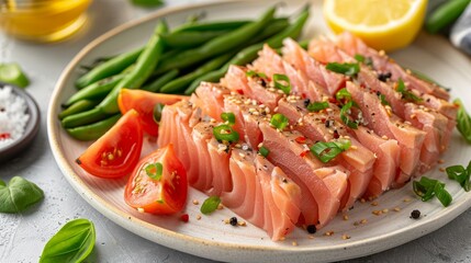 A succulent seared tuna steak, delicately sliced and beautifully plated with a side of crisp green beans and ripe cherry tomatoes.