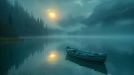 landscape with a boat in the lake on a foggy day with forest and mountains in the background. 