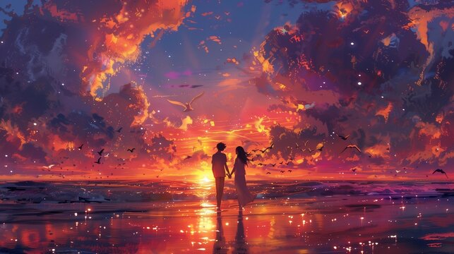 Romantic Sunset Manga Scene, generative ai