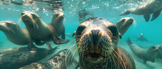 Naklejka na ściany i meble Seals or Sea Lions Playfully Swimming Near Monterey Pier, California. Concept Marine Wildlife, Monterey Bay, Sealife Photography, California Coast, Wharf Creatures
