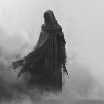 A dark figure with a hooded cloak stands in a foggy, smoky atmosphere