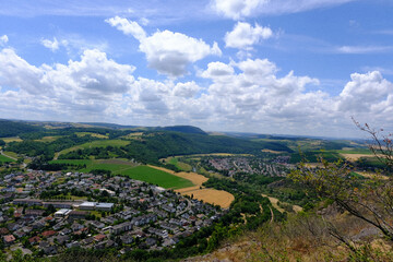 view from the top of the hill on the fields and vienyards, rheinland pfalz - obrazy, fototapety, plakaty