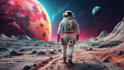 An astronaut walking on the planet
