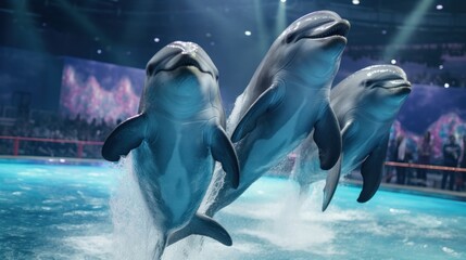 group of dolphins jumping together in Azul Show at Seaworld. Seaworld is an animal theme park - obrazy, fototapety, plakaty