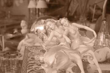 ceramic female dancers figurines in sepia, vintage