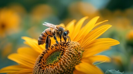 Macro Shot of Bee and Sunflower, generative ai