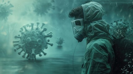 Man in protective suit and respirator against the background of the virus. Pandemic concept - obrazy, fototapety, plakaty