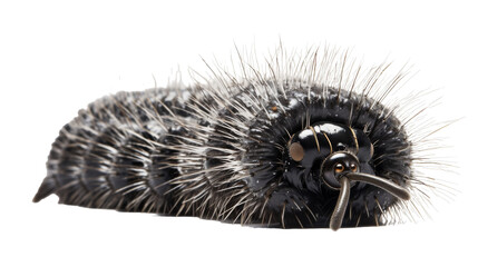 A vibrant caterpillar with intricate patterns crawls gracefully on a plain white background - obrazy, fototapety, plakaty
