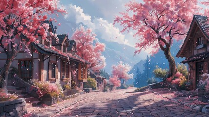 Serene Springtime Scene in a Quaint Village, generative ai - obrazy, fototapety, plakaty