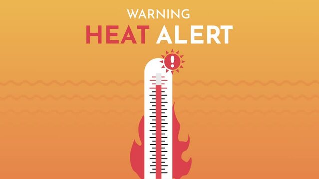 Heat alert warning. Thermometer burning, showing high temperature. Exclamation mark with text.