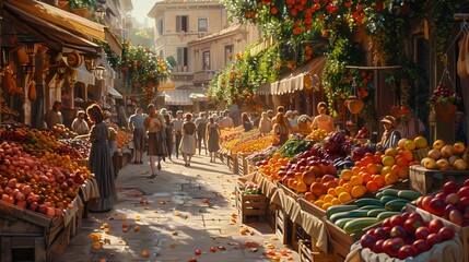 Colorful Stalls in Mediterranean Town Market, generative ai - obrazy, fototapety, plakaty