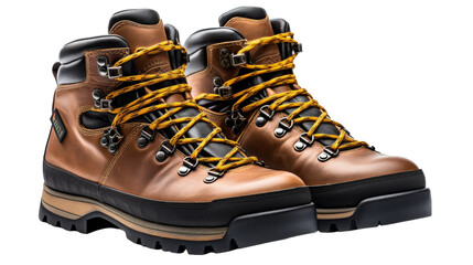 A pair of brown hiking boots with vibrant yellow laces standing on rocky terrain