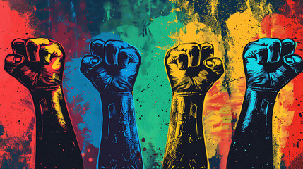 Juneteenth march for justice, fists raised high, determined strides, solidarity in the struggle, bold colors of empowerment. - 774422759