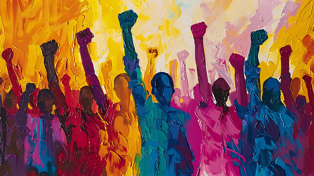 Juneteenth march for justice, fists raised high, determined strides, solidarity in the struggle, bold colors of empowerment.