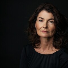 Showcasing timeless sophistication, this skincare portrait features a European model aged 60 with brunette hair, set against a soft gradient backdrop