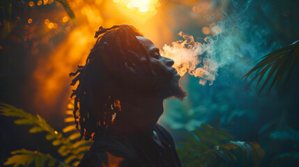 Afro American man smoking cigar with dreadlocks in the jungle, Afro-Colombian reggae theme, sunset summer. Double lightning, Blue and orange light. Smoke. 