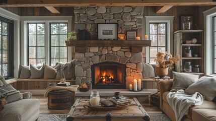 Rustic Elegance: Stone Fireplace and Vintage Trunk Coffee Table, generative ai - obrazy, fototapety, plakaty
