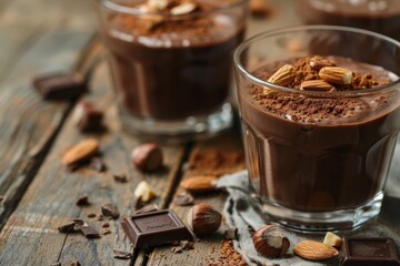 Homemade vegan chocolate mousse with almonds in glasses on wooden background topped with nuts and carob powder - obrazy, fototapety, plakaty