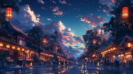 Bustling Anime Night Market Scene, generative ai - obrazy, fototapety, plakaty